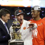 Clemson head coach Dabo Swinney speaks at the trophy presentation after the PlayStation Fiesta Bowl at University of Phoenix Stadium in Glendale on Saturday, Dec. 31, 2016. The Clemson Tigers beat the Ohio State Buckeyes, 31-0. (Photo by Logan Newman/Cronkite News)