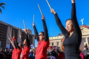 Performers from a drumming circle roused marchers at the Arizona State Capitol. (Photo by Saeed Alshamisi/Cronkite News)