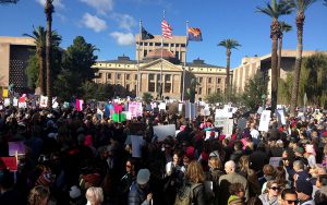 Marchers packed grounds at the Arizona State Capitol, held in solidarity with the Women’s March on Washington. (Photo by Saundra Wilson/Cronkite News)