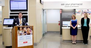 Arizona Gov. Doug Ducey (left) announces an initiative with State Rep. Heather Carter (middle) and Walgreens Director of Pharamcy and Retail Operations Erin Sharp (right). The pharmacy chain is rolling out prescription drug drop-off kiosks at 18 of its locations throughout the state. (Photo by Joshua Bowling/Cronkite News)