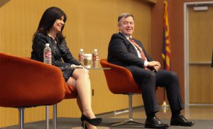 Maria Harper-Marinick, chancellor of Maricopa Community Colleges, and Michael M. Crow, president of Arizona State University, spoke about the intersection of higher education and the economy in Arizona at Gateway Community College on Tuesday. (Photo by Erica Apodaca/ Cronkite News)