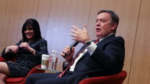 Maria Harper-Marinick, chancellor of Maricopa Community Colleges, and Michael M. Crow, president of Arizona State University, spoke about the intersection of higher education and the economy in Arizona at Gateway Community College on Tuesday. (Photo by Erica Apodaca/ Cronkite News)