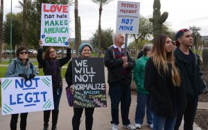 A protest of President Donald Trump’s inauguration began in front of the Arizona State Capitol at 9 a.m. on Friday, Jan. 20, 2017. (Photo by Ryan Santistevan/Cronkite News)