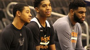 Phoenix Suns guard Tyler Ulis (left), Marquese Chriss, Alan Williams (right) interact at Suns practice on Jan. 30 at Talking Stick Resort Arena in Phoenix. (Photo by Samantha Pell/Cronkite News)