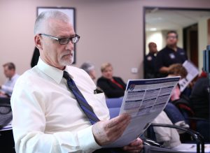 Bruce Jensen, executive director for Arizona State University’s Capital Programs Managment Group, attends the Maricopa Association of Governments’ Spine Study: Interstate 10 and Interstate 17 Corridor Master Plan public meeting to learn more about the future of one of Phoenix’s major freeways. (Photo by Jessica Clark/Cronkite News)