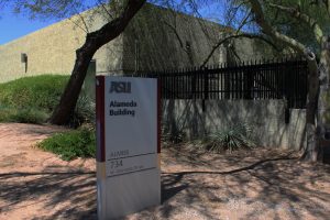 The Alameda Building is a 67,000-square-foot warehouse located southwest of the Arizona State University Tempe campus. It houses part of the university’s anthropological and archaeological collection, including Indigenous human remains and artifacts subject to repatriation under NAGPRA. In 2020, the building experienced a wastewater flood requiring remediation. (Photo by Sam Ellefson/Cronkite News and the Howard Center for Investigative Journalism at ASU)