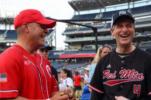 Reps. Juan Ciscomani, left, and Greg Stanton discuss the purpose of the Congressional Baseball Game at Nationals Park in Washington, D.C., on June 12, 2024. (Photo by Morgan Kubasko/Cronkite News)