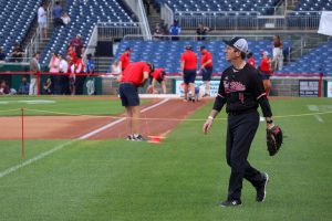 Rep. Greg Stanton takes the field to warm up at Nationals Park in Washington, D.C., on June 12, 2024. (Photo by Morgan Kubasko/Cronkite News)