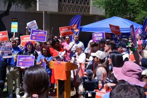 Supporters of the abortion ballot measure rally outside of the Arizona State Capitol on 17 April. (Photo courtesy of Arizona for Abortion Access)