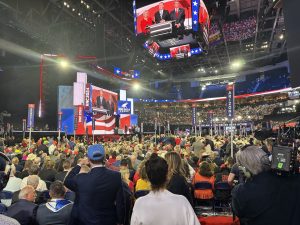 Arizona delegates watch speakers on the first day of the Republican National Convention in Milwaukee on July 17, 2024. (Photo by Grey Gartin/Cronkite News)