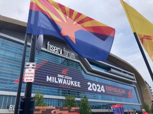 The Arizona flag flies outside Fiserv Forum in Milwaukee, where delegates cast their votes Monday for the GOP’s 2024 presidential nominee, Donald Trump, at the Republican National Convention. (Photo by Keetra Bippus/Cronkite News)