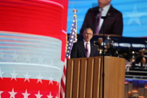 Mesa Mayor John Giles, co-chair of the Arizona chapter of Republicans for Harris, addresses the Democratic National Convention at the United Center in Chicago on Aug. 20, 2024. (Photo by Kelechukwu Iruoma/Cronkite News)